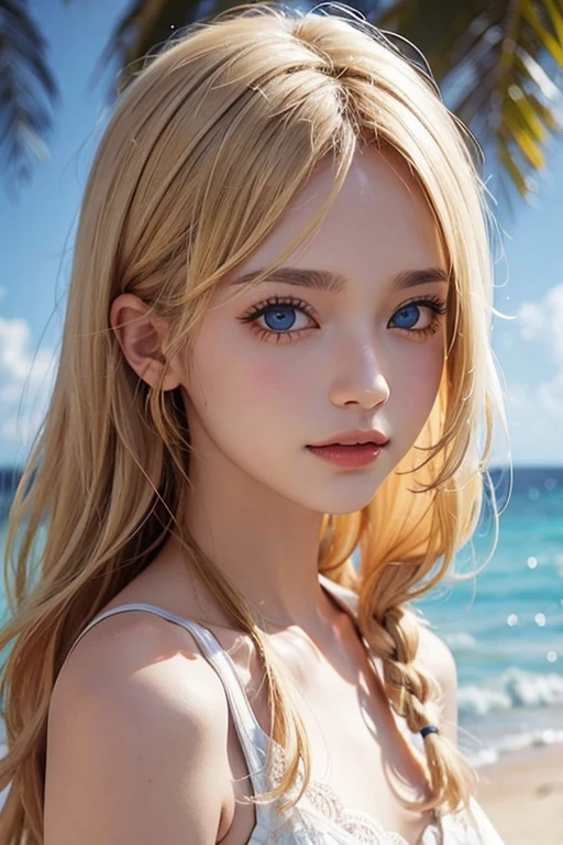 cute woman, blonde hair blowing in the wind, shining blue eyes, realistic, masterpiece, beach background, highly detailed light, small smile, white skin