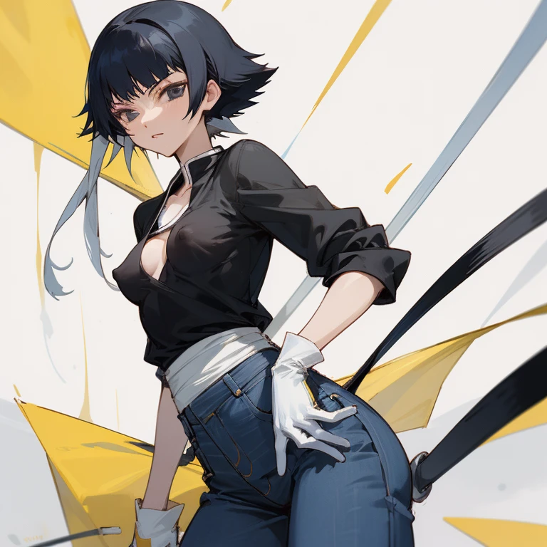 ((highest quality)), ((masterpiece)), (be familiar with),  BLEACH,Soi Fon, 1 girl, alone,  erect nipples, black hair,slanted eyes, Black clothes,black shirt,jeans, Slender,slender,short hair with long locks, short hair, small breasts, gloves, put your hand on your waist