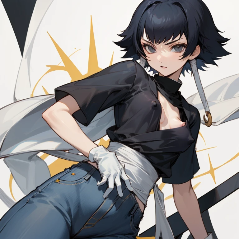 ((highest quality)), ((masterpiece)), (be familiar with),  BLEACH,Soi Fon, 1 girl, alone,  erect nipples, black hair,slanted eyes, Black clothes,black shirt,jeans, Slender,slender,short hair with long locks, short hair, small breasts, gloves, put your hand on your waist