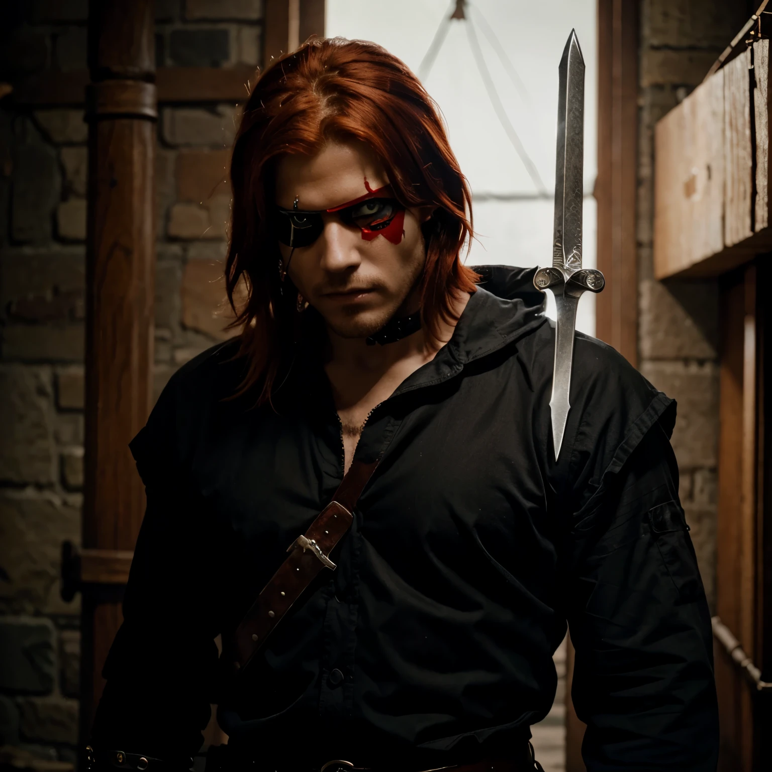 A man with red hair, and wearing an eye patch, has red eyes, very fierce, and gripping a sword in his hand. 