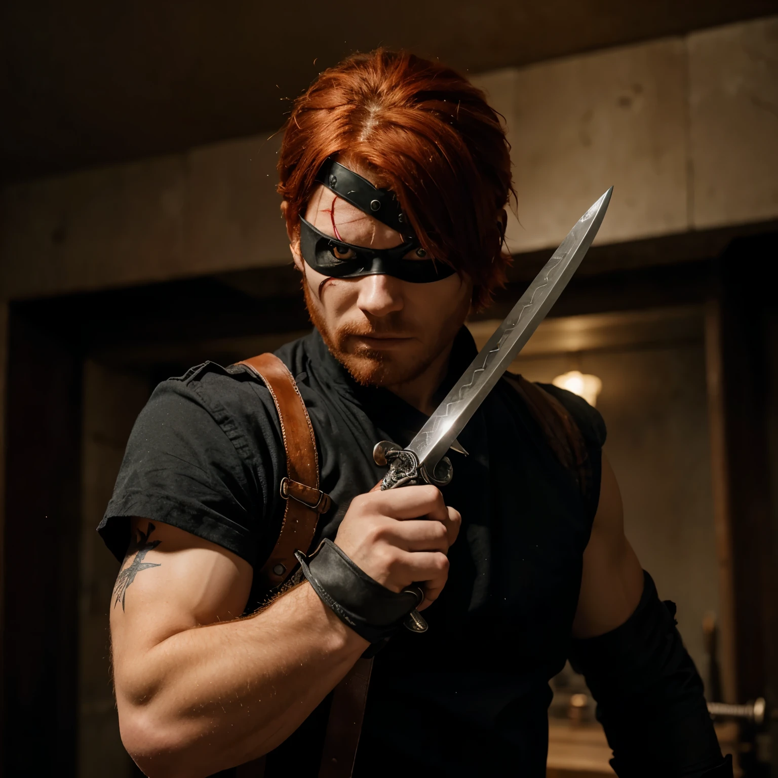 A man with red hair and a soft mohawk holding a sword