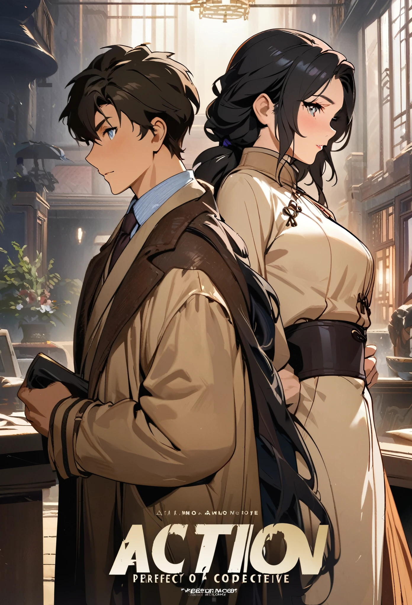 movie poster, movie artwork, concept art of action movie, romance novel cover, highres, top quality, best quality, perfect artwork, absurdres, perfect anatomy(couple, young 1male detective, 1woman in Chinese dress)(furry, kemono, anthro)with some elements of 007,