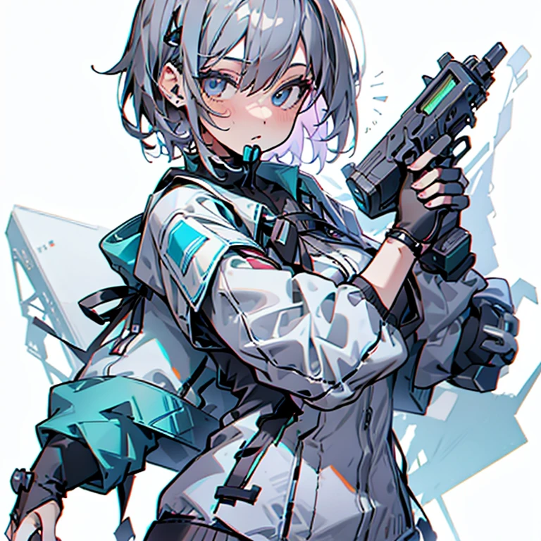 (masutepiece:1.2, Best Quality), [1 girl in, expressioness, Turquoise eyes, jet-black hair,half short hair, White jacket, Jacket is taken off, Black inner,Model Posing, Upper body] (Gray white background:1.7),gun,pistol