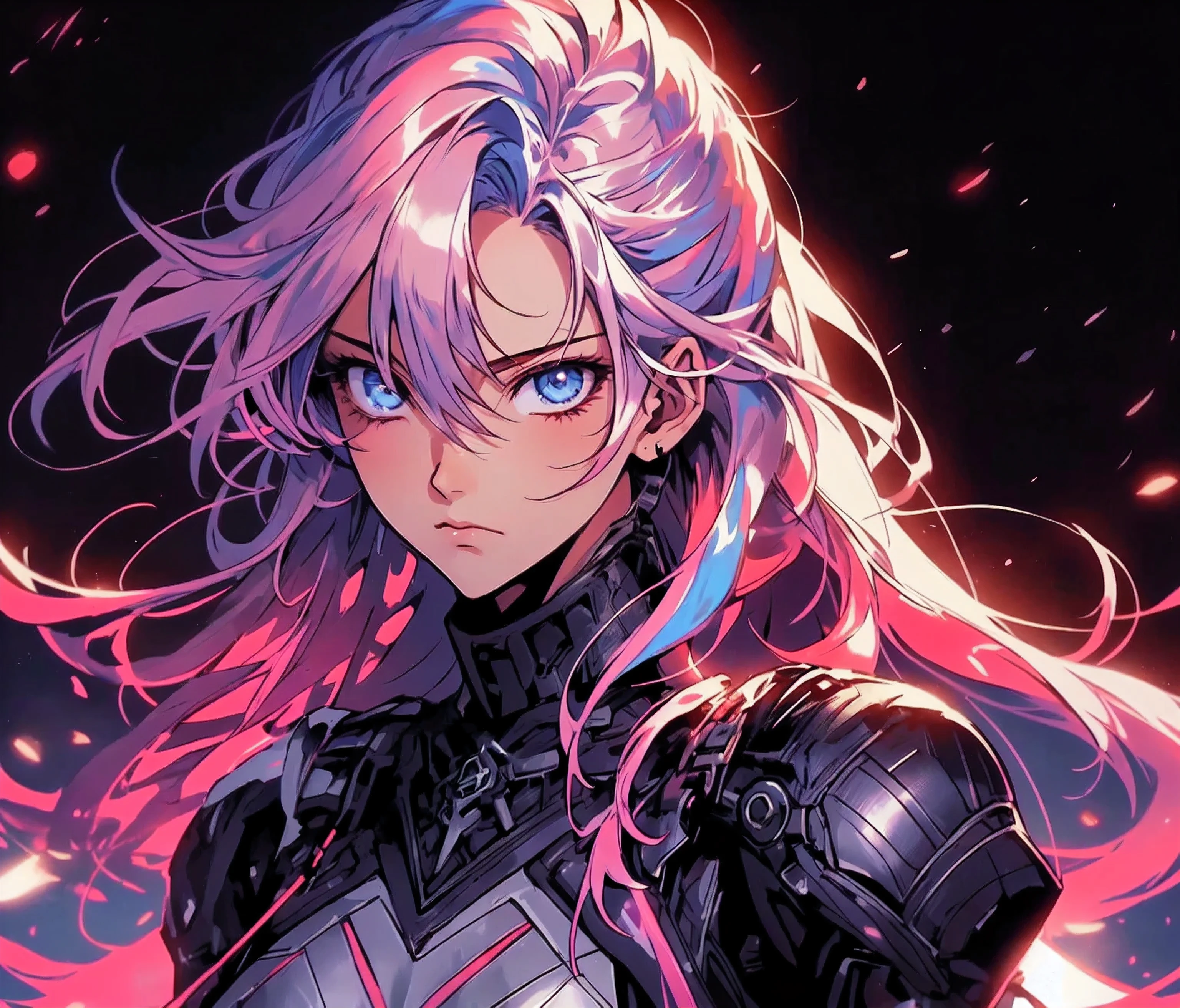 ((masterpiece)), ((ultra-detailed)), ((best quality)), ((intricate details)), 1girl, portrait, miyako shikimori, long hair, blue eyes, (flat chest, aura, battle ready), blonde and pink hair, multicolored hair, high tech warrior, armor, bodysuit, goddess, serious expression, Shink4wa