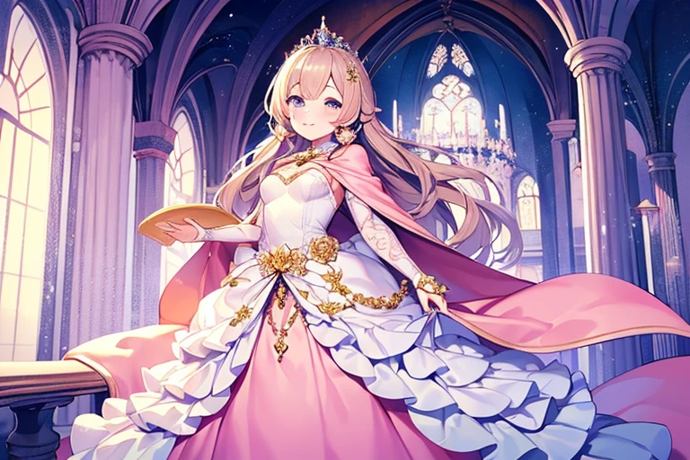 (kawaii),(best quality),(ultra detailed),(rococo style),(long train pastel pink cape:1.15), very long cape,(long train white ball gown with flower decorations:1.1), a girl is wearing a cape over her gown, 1 little princess, tiara, smile, very long hair, small breasts, beautiful detailed eyes, beautiful detailed lips