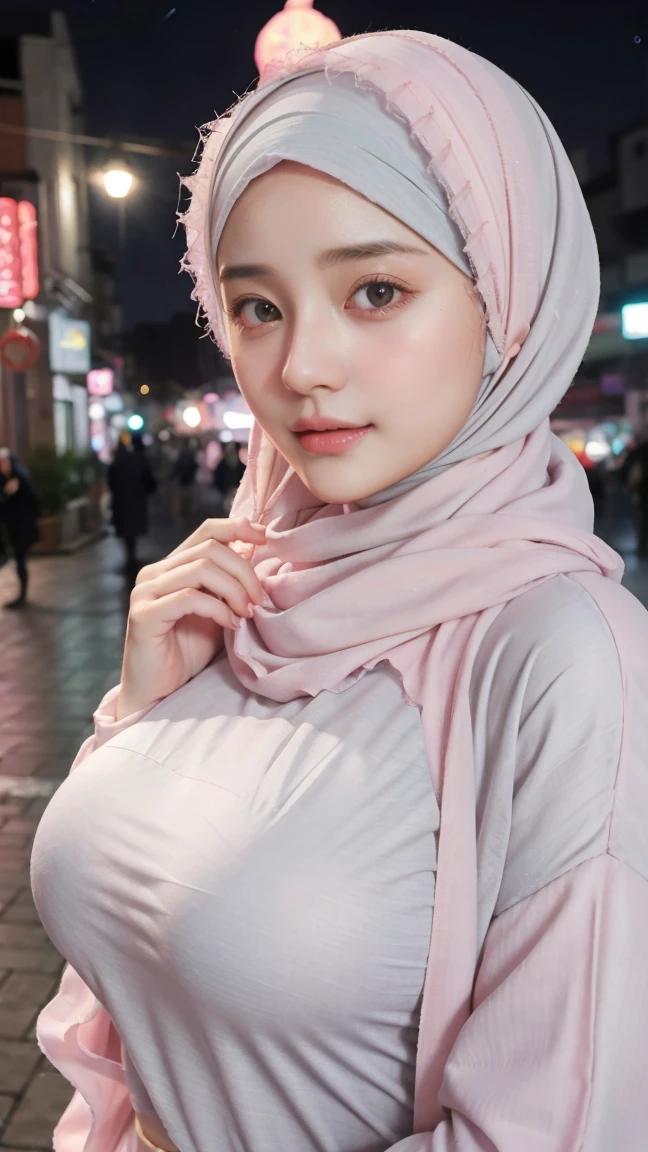 1 Girl, Beautiful, , 20 Years Old, White Skin, Colossal Breasts, Sexy Pose, Pastel Colour Muslim Hujab Outfit Coatumes, ((Pastel Colout Hijab Outfit)), ((Grey Eye)), Muscles, Bokeh, Chinese Street Background, Masterpiece, ((Night)), Pink Pastel Colour, naked, nsfw