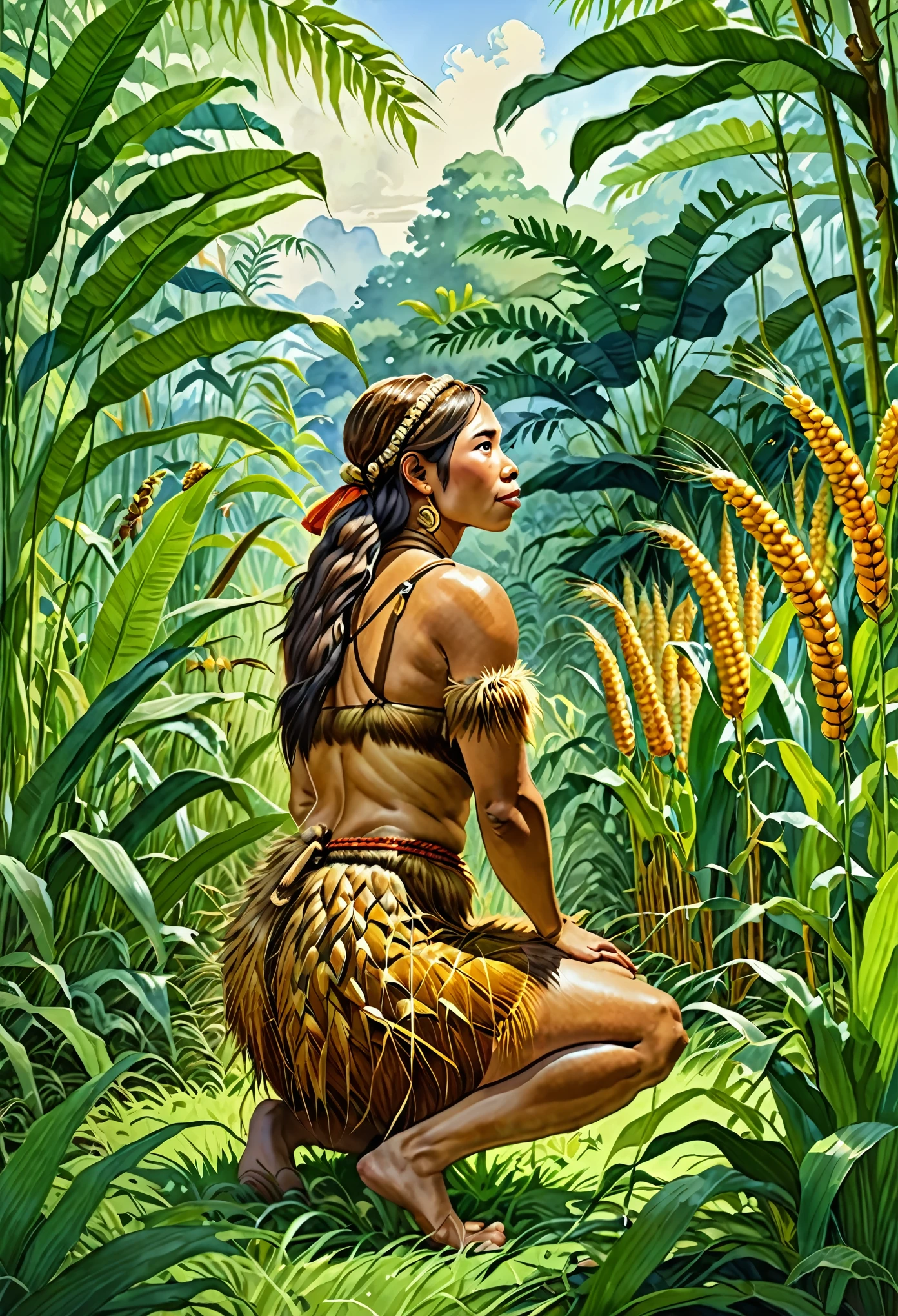 There was a woman kneeling on the grass, (Picking wheat)Full color illustration, , Background artwork in the jungle, color illustration, Ape-man grows wheat from grass,(Prehistoric people gathering fruit:1.3),Lush vegetation with lots of water corn, forest background,Sky Bible Illustration, color illustration, (Neanderthal:1.5),Neanderthal woman in animal skin clothing,Amazon tropical forest,Background Author:Randolph Caldecott, (watercolor painting, masterpiece, line art, illustration art, Professional line art, Super complex and detailed, Chinese painting,8K:1.3)