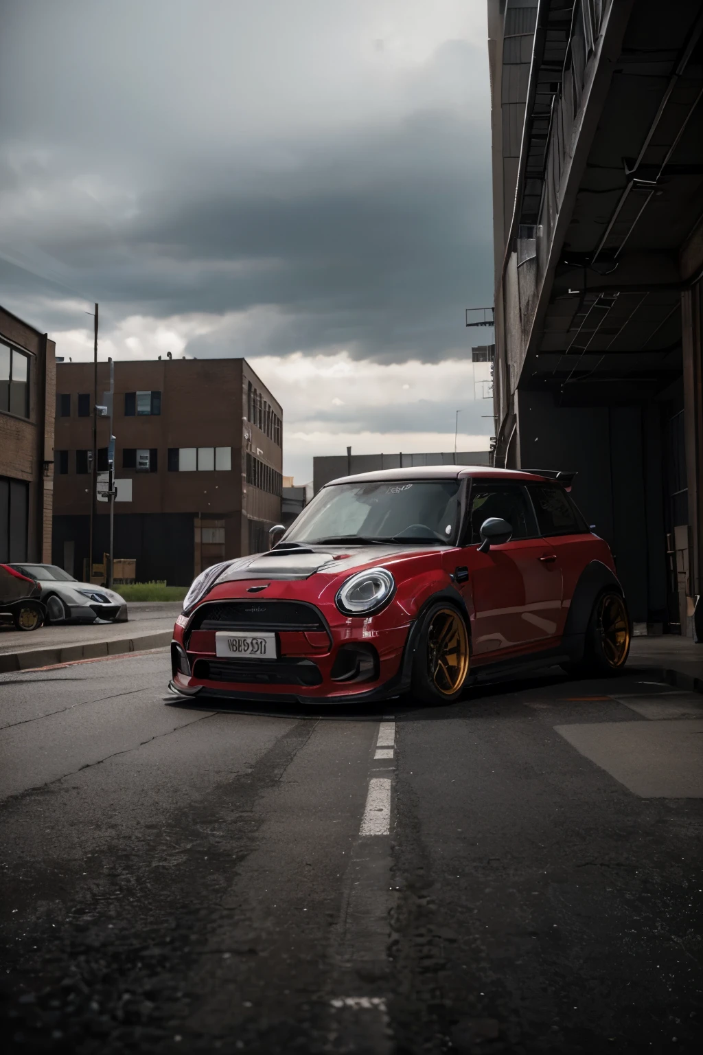 deep Candy apple red R56 Mini Cooper S JCW, ((carbon fibre, Liberty walk ultra wide body kit)), aggressive stance ((background: inside old industrial style building, large windows in background, overcast sky, heavy industrial look, cobble stone street)), 8K quality, realistic, realism, sharp, detailed, ultrawide, black and carbon fibre and deep candy apple red scheme, front profile, epic stance, epic ultra wide body kit, super low stance, aggressive looks