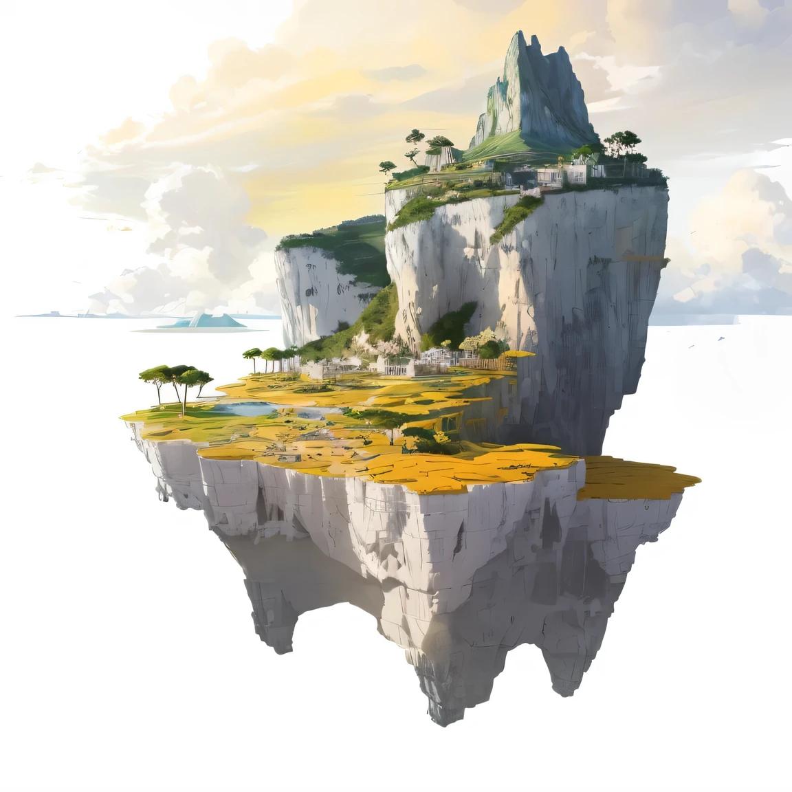 sunset, sunset lighting, yellow flowers, there is a small island with a golf course on it, isometric island in the sky, over a chalk cliff, aerial illustration, cliffside, high cliff, floating mountains, floating and flying island, cliff, an island floating in the air, flying island, floating island in the sky, flying island in the sky, island with cave, floating island, The last island of mankind, a single yellow flower in the evening