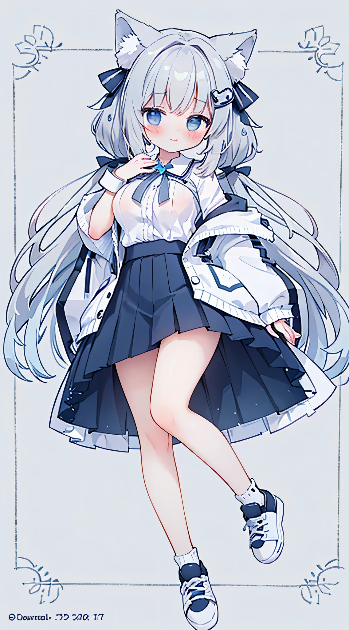 masterpiece,best quality,official art,extremely detailed CG unity 8k wallpaper, There is a big gray bow on the chest，Light blue color，Only one foot is wearing a grey sock，Grey light sneakers，alternate hair length, blush, embarrassed , nose blush , shy, huge breasts, breasts out,short pleated_skirt,  Loving eyes，White skin，Thinking about erotic things，Character cards，Silver Wolf