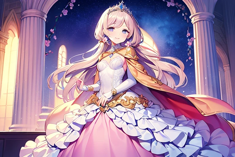 (kawaii),(best quality),(ultra detailed),(rococo style),(long train pastel pink cape:1.15), very long cape,(long train white ball gown with flower decorations:1.1), a girl is wearing a cape over her gown, 1 little princess, tiara, smile, very long hair, small breasts, beautiful detailed eyes, beautiful detailed lips