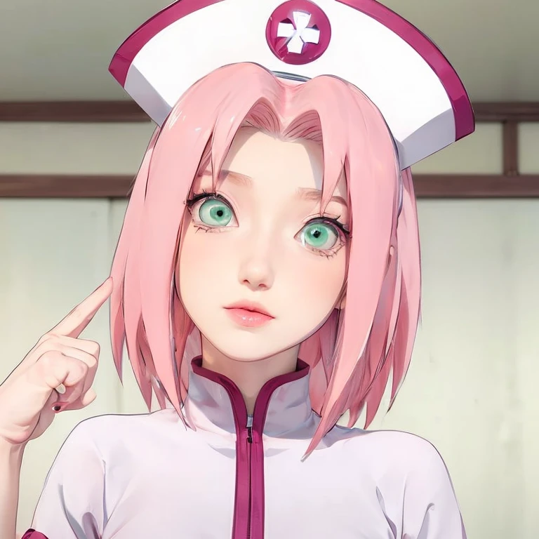 young woman, porcelain skin, long bubblegum pink hair, big pink lips, big emerald green eyes, pink eyebrows, red clothes, Sakura Haruno, 3d, realism, black gloves