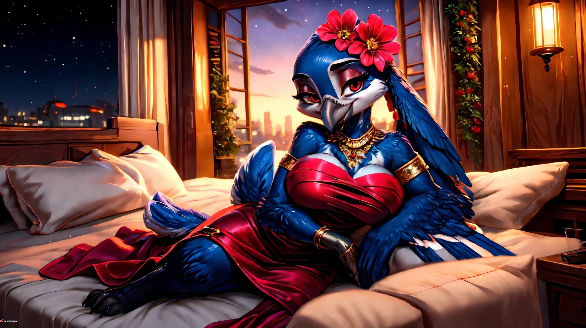 2 Beautiful woman,(((Beautiful red eyes))),((((chibi:1.5)))),side facing,((((winged-arms)))),(((Beautiful night view of big city))),((((jewelry:1.5)))),((Athletic body:1.5)),(((anthro magpie))),(((luxury bed room))),(((Lover-like relationship))),((((racy dress)))),(((blush smile))),((flower hair ornament)),female,(((sitting))),((wine bottle)),portrait,(((huge breasts))),(((not nipples))), beak,cute,Super high quality,masterpiece,heart shaped pupils,(highest quality,4k,8K,High resolution,masterpiece:1.2), Super detailed, HDR, UHD, studio lightning, ultra-fine goodinting, sharp focus, Physically based rendering, extrine detail description, Professional, Bright colors, Bokeh, (in) you bring, landscape, photograph, concept artist (Style), (with) vibrant color goodlette, (good) soft lighting