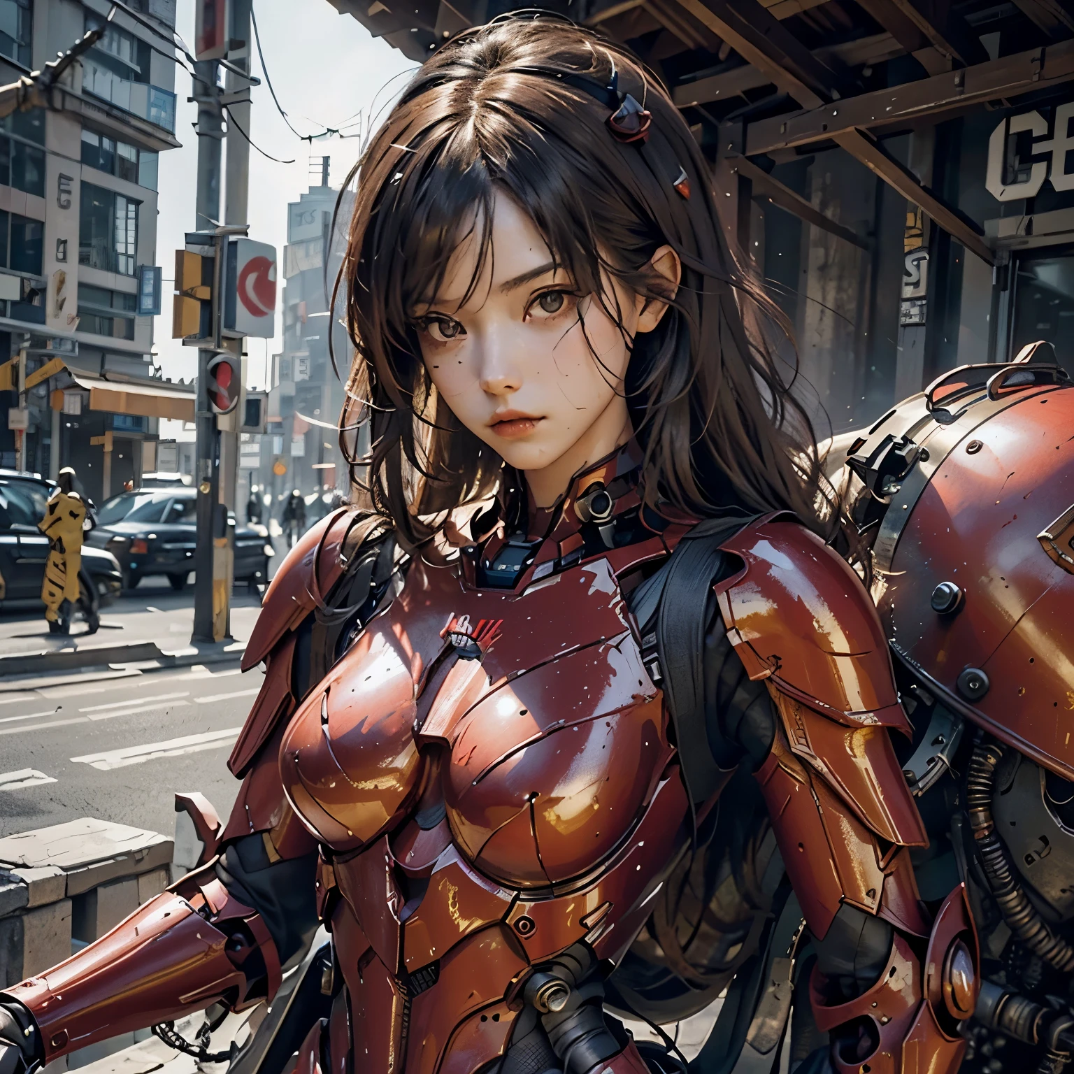 (masterpiece), (best quality), photorealism, actual, Super detailed, perfect face, Perfect body, 1 girl, beautiful girl, red armor girl, Mechanical armor, Exoskeleton, stand, cool pose, Sexy, 