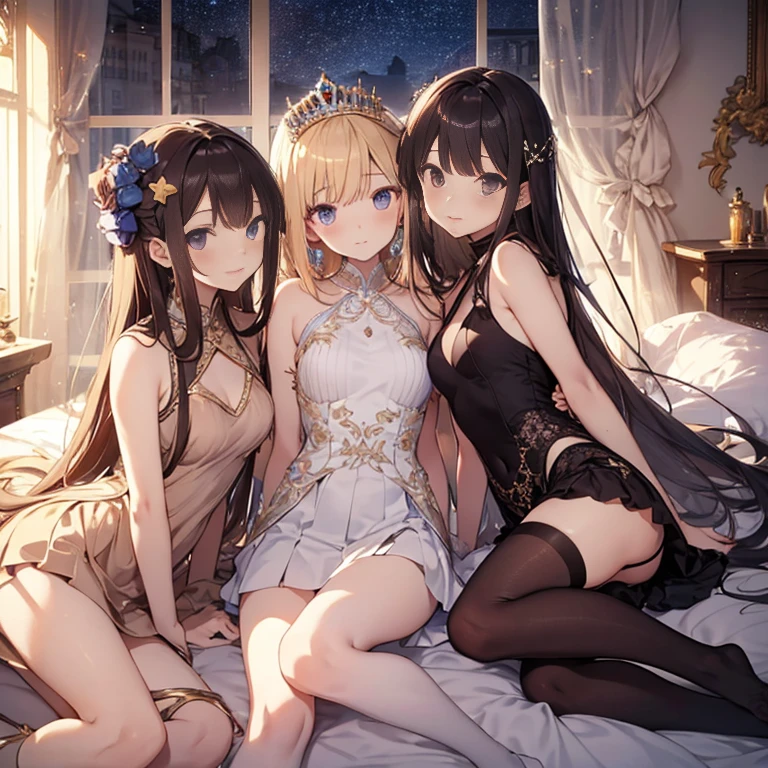 A group of young princesses, (in bedroom), various hair styles, harem, wearing royal dress, night, details face, , short skirt, seducing, sleeveless , showing armpits, night, starry night