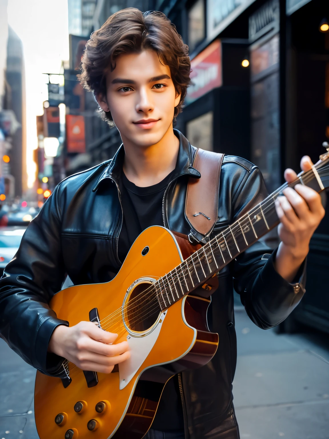 Photoreal, 8k Full Length Portrait, Handsome, 20 year old male, attractive look, Detailed details of the face, New York Manhattan、((playing the guitar:1.2))