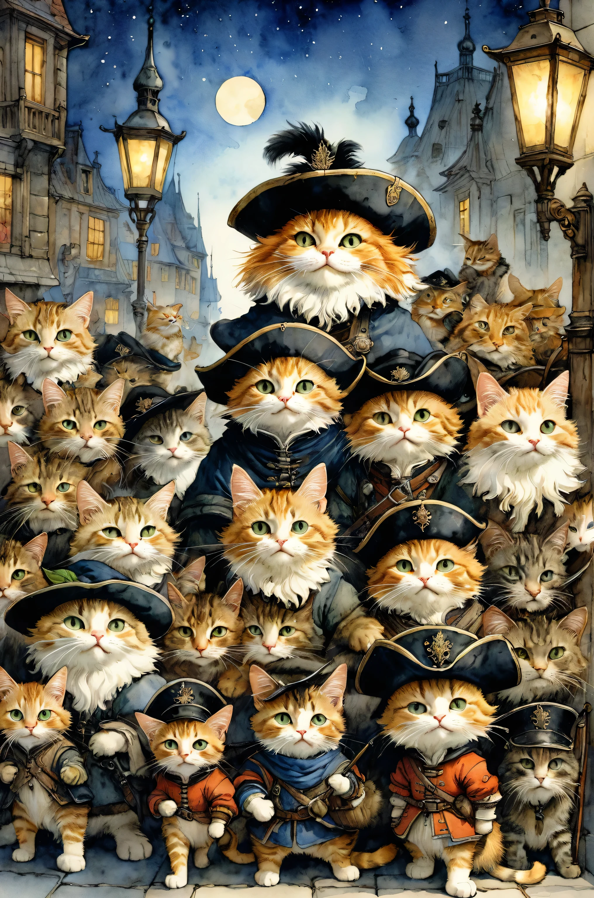 Rembrandt's Night Watch、All the characters are anthropomorphized cats、Expressive cat、High resolution, highest quality, highest quality, Paid rewards available, an unparalleled masterpiece, perfect artwork, disorganized, High quality illustrations, 超High resolution, detailed background, Jean=By Baptiste Monge、Watercolor and ink、intricate details、fantasy、beautiful、fantasy、Plant sproutemory、nature、flower garden、perfect composition、Artistic style watercolor sketch、big stroke、Finished with ink、thin line、highest quality、masterpiece