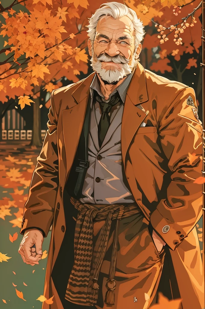 portrait, muscular old man in park, happy, autumn, suits, vector, mwvector