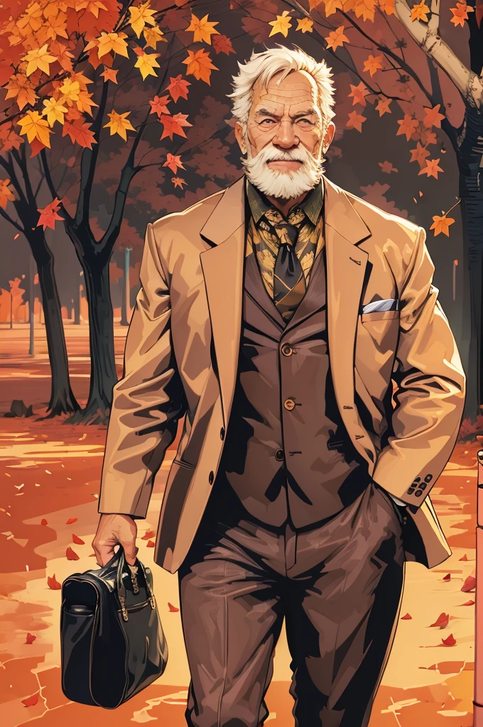 portrait, muscular old man in park, happy, autumn, suits, vector, mwvector