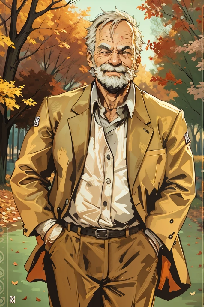 portrait, muscular old man in park, happy, autumn, suits, vector, mwvector