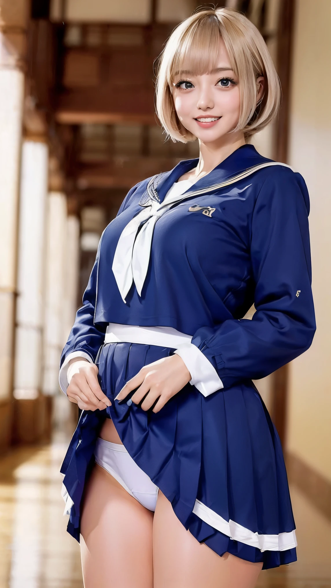 (masterpiece,highest quality,High resolution,Realistic:1.2),(A high school girl wearing a long-sleeved white sailor uniform:1.2), (She is wearing a short navy blue pleated skirt, so a little bit of her white panties are visible.:1.2),(Smiling with some teeth showing and eyes narrowed:1.3),(bob cut, blonde, gal makeup:1.3),(beautiful woman's hands:1.3),(Reduce exposed skin,The belly is not exposed:1.2),(cowboy shot:1.5),( Japanese female:1.2),(clothing that fits:1.2),(school hallway:1.3), (camel toe:1.3), (big butt, thick thighs:1.2), (A is seen from below:1.4), skirt lift