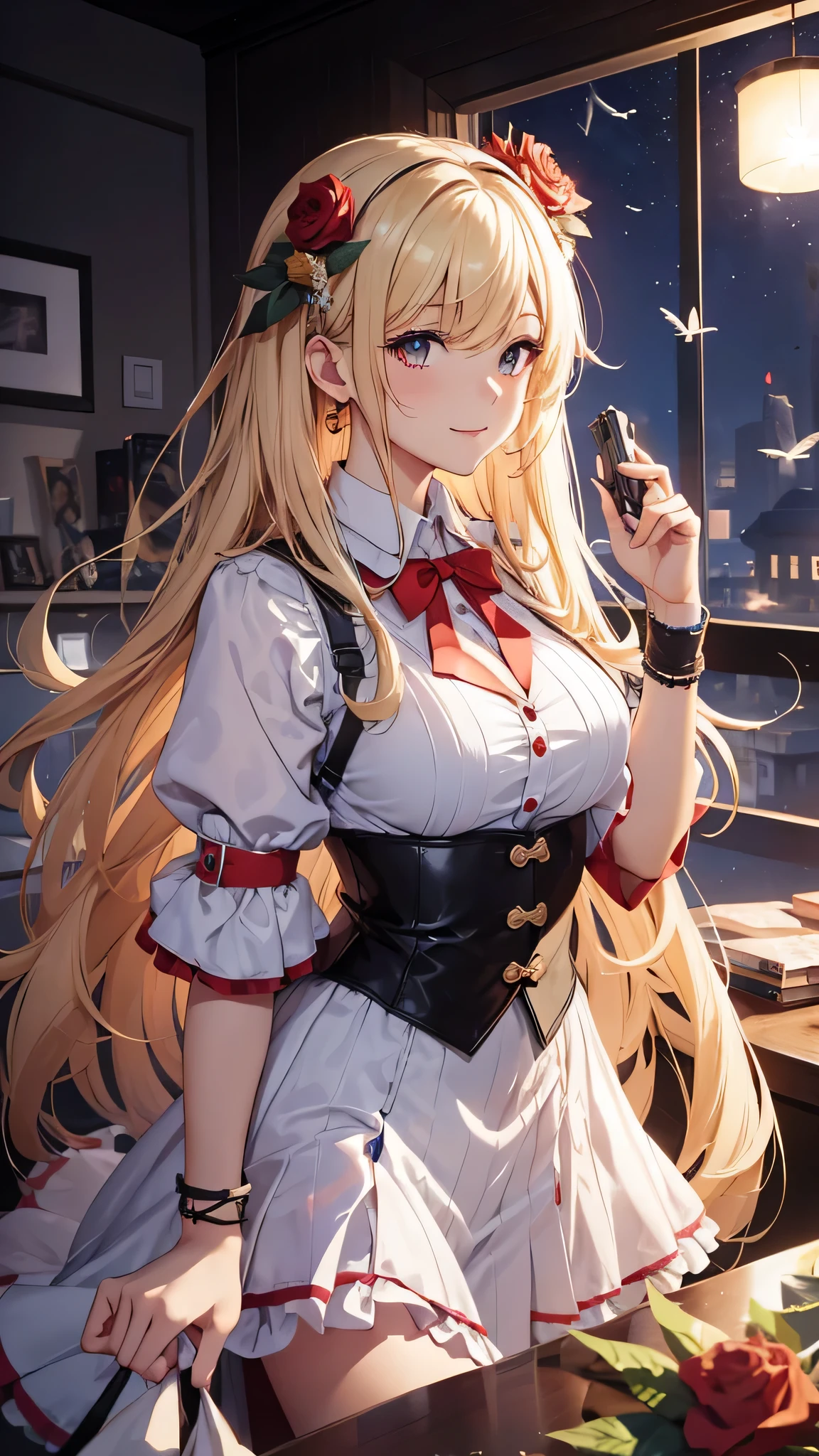 最high quality、best image quality、masterpiece、girl((18-year-old、 By becoming、vest bust、medium bust,wide open breast tea、red glowing eyes, blonde、messy hair、long hair、thin,highest valley、Show the whole body、white dress、open chest、White wristband、red shoes、sexy、smile、Leaning forward、rose hair ornament、Holding a handgun、Whole body return blood)),high quality、beautiful art、background((In the office at night))、Flight、debris flies、Depth of written boundary、movie、visual art、perfect art、8K,genuine、