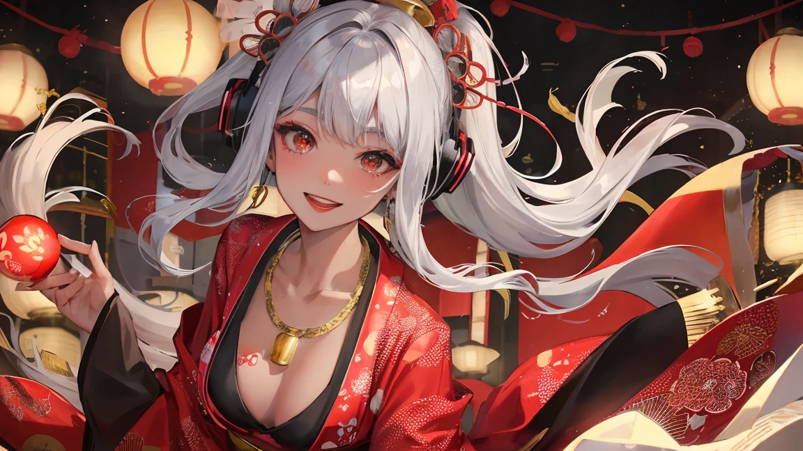 high quality,masterpiece,Dark-skinned Japanese woman wearing a bright red polka dot kimono,arm with tattoo,beautiful droopy eyes,Feathered robe like the Japanese goddess Benzaiten,Long silver hair with a huge ribbon,Listening to music through headphones,grin and laugh,Play a Japanese guitar-like string instrument,gold necklace,Happy smiling expression,gray hair,red lipstick,dark makeup,A very beautiful Japanese entertainment district,Lots of lanterns,Images for YouTube