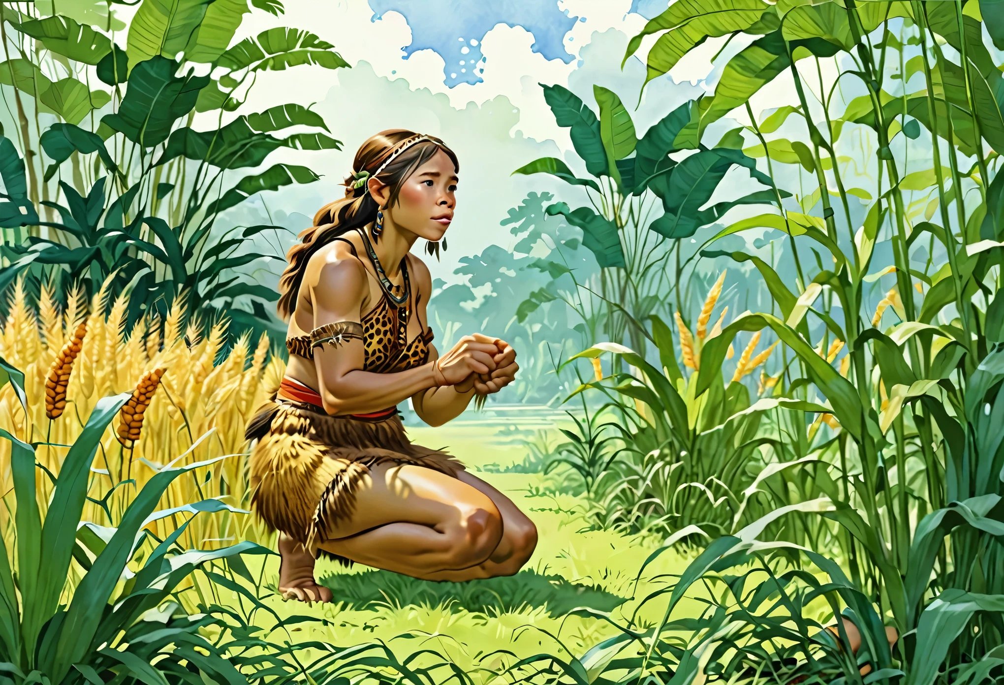 There was a woman kneeling on the grass, （Picking wheat）Full color illustration, , Background artwork in the jungle, color illustration, Ape-man grows wheat from grass，（Prehistoric people gathering fruit：1.3），Lush vegetation with lots of water corn, forest background，Sky Bible Illustration, color illustration, （Neanderthal：1.5），Neanderthal woman in animal skin clothing，Amazon tropical forest,Background Author：Randolph Caldecott, (watercolor painting, masterpiece, line art, illustration art, Professional line art, Super complex and detailed, Chinese painting，8K:1.3)