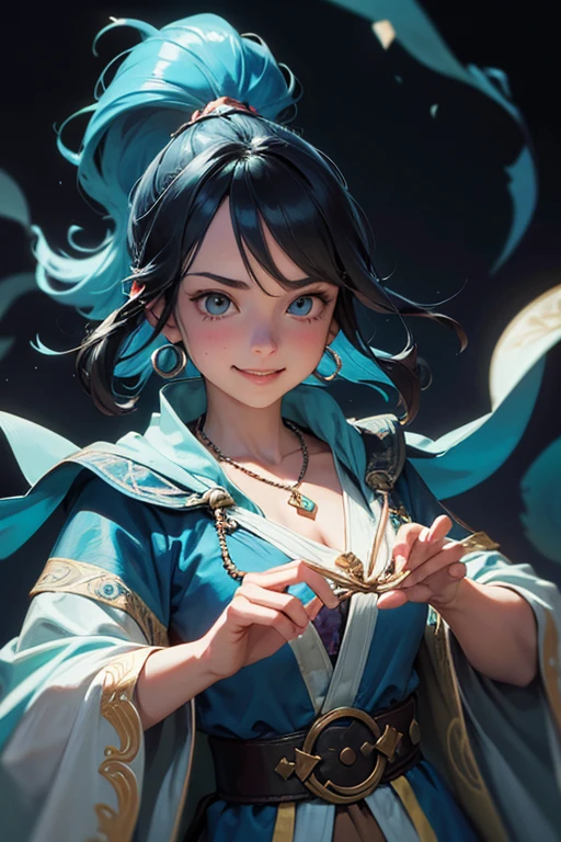 colorful portrait illustration, (attractive female as a wizard, ponytail, wearing_long_flowing_blue_intricately_embroidered_wizard_robes), (necklace, pouches, belts, smiling, highly detailed face, masterpiece, best quality), highly detailed, (in a dungeon), mage_glam, (large glowing runed circles), fire and ice, casting a spell, ultra high resolution, by Alexandre Calame and Alyssa Monks and Shigeru Ban