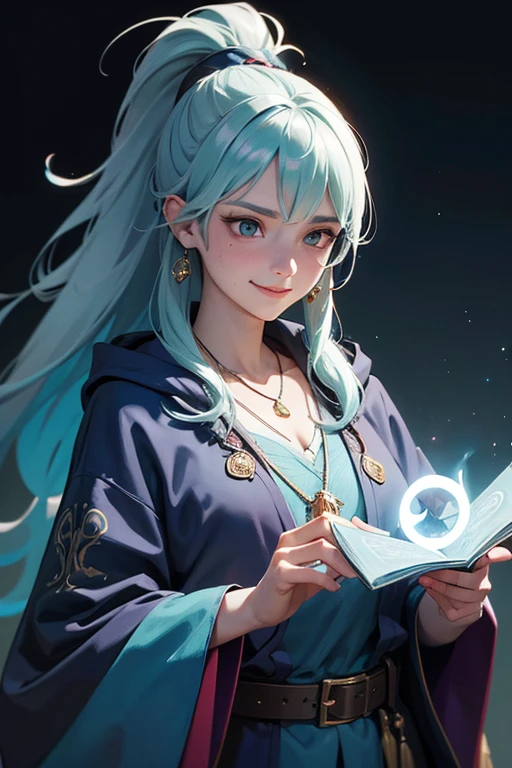 colorful portrait illustration, (attractive female as a wizard, ponytail, wearing_long_flowing_blue_intricately_embroidered_wizard_robes), (necklace, pouches, belts, smiling, highly detailed face, masterpiece, best quality), highly detailed, (in a dungeon), mage_glam, (large glowing runed circles), fire and ice, casting a spell, ultra high resolution, by Alexandre Calame and Alyssa Monks and Shigeru Ban