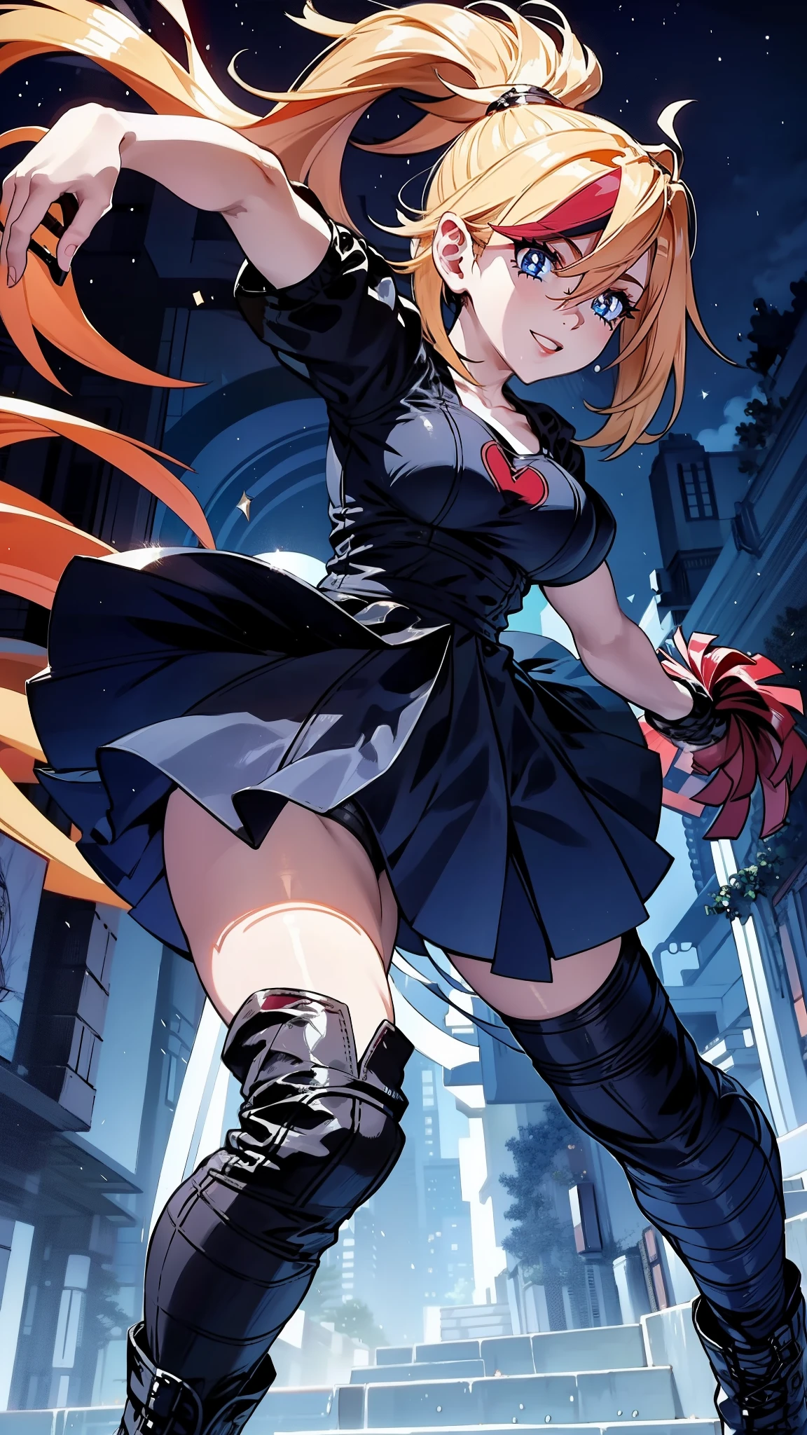 Cheerleader, cute woman, holding down a katana, big smile, expressive, simple nightscape, confident smile, ultra detailed face, better quality, perfect eyes Blue, glowing eyes, long eyelashes, sharp eyes, ultra detailed face, ultra long hair, ultra detailed hair, ultra detailed hair strands, catwalk, walking down the streets, night, starry Sky, ultra detailed lips, Red lips,
