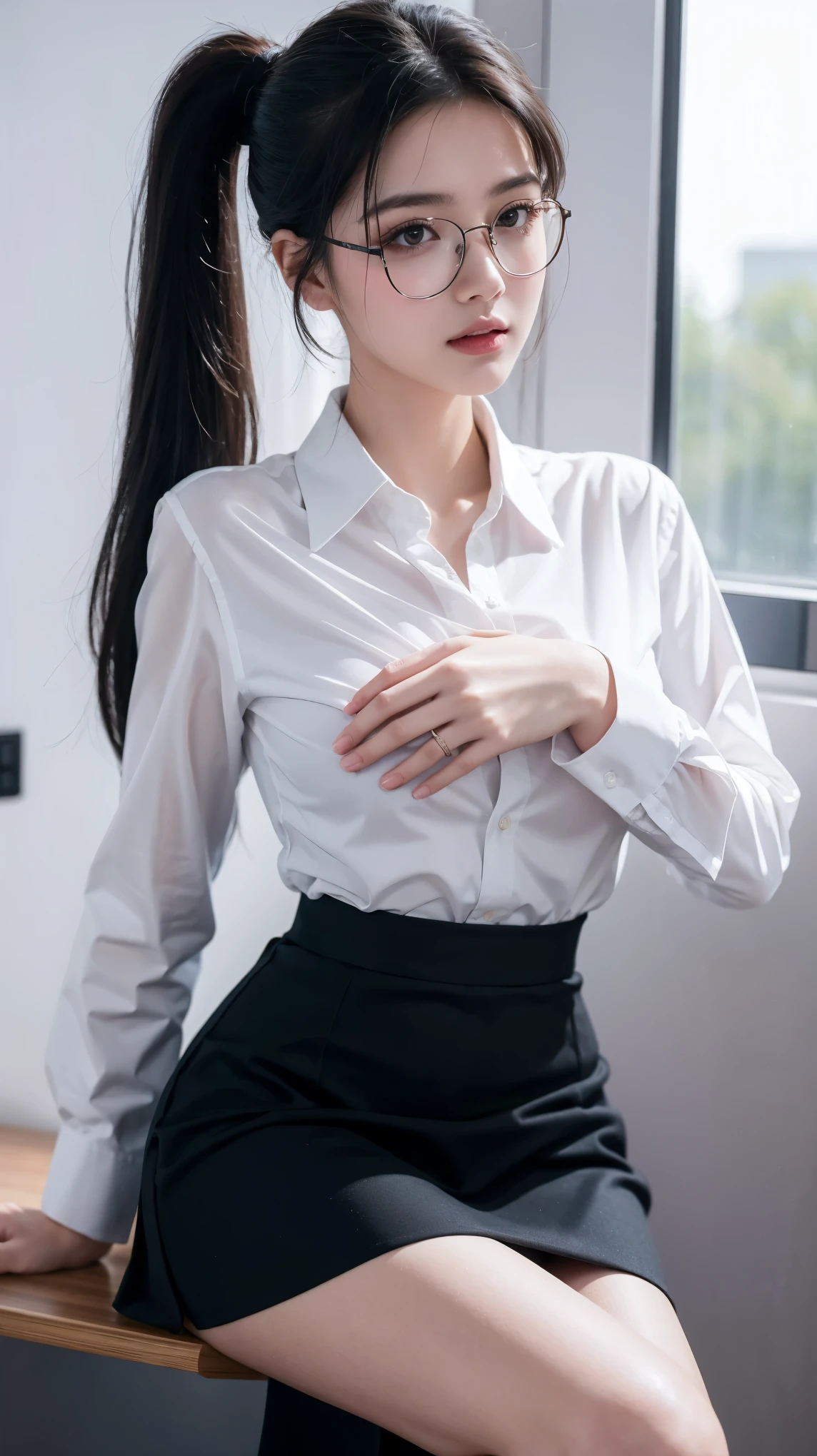 ((best quality)), ((masterpiece)), (detailed), perfect face, beautiful body, pretty face, ager female, perfect body, Ultra-high detail, Photorealism, Intimate atmosphere, flowing light, black straight hair, ponytail, glasses, wear a office uniform, White shirt, black skirt, unbuttoned shirt, sit on the table, office room, black lace bra, hands covering breast