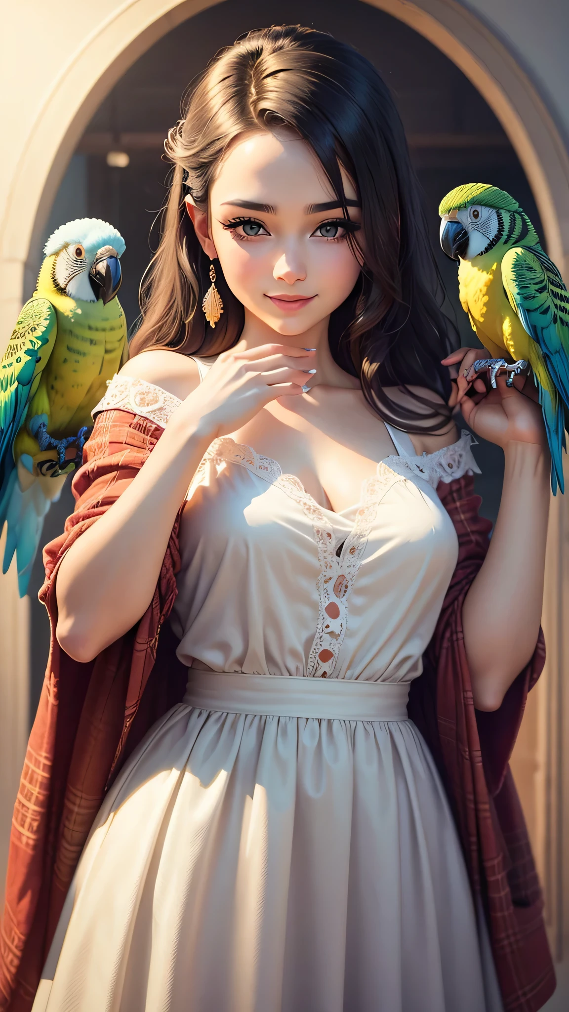 Cute Budgerigar. Gorgeous budgies.Gorgeous flowers. Realistic macaw.Beautiful fece. Portrait of a woman in a white dress, A beautiful colourful parrot perches on the fingers of a delicate hand, Express beauty and power. With beautiful eyes, Quick brush strokes and vibrant colors.Girl posing, Detailed face, Dark hair, athletic bodies, Wearing red flannel and jeans. Soft hair, Happy smile,