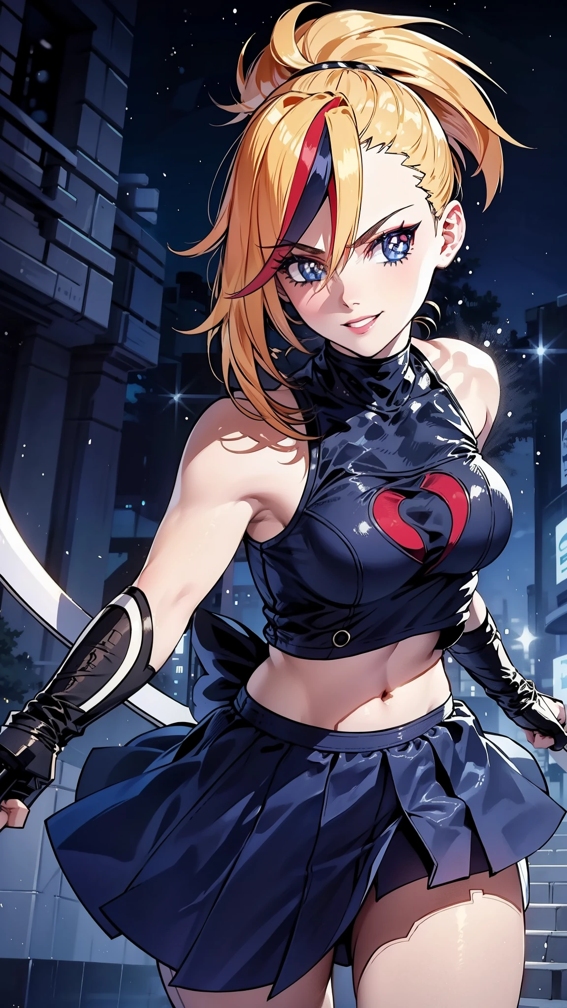 Cheerleader, cute woman, holding down a katana, big smile, expressive, simple nightscape, confident smile, ultra detailed face, better quality, perfect eyes Blue, glowing eyes, long eyelashes, sharp eyes, ultra detailed face, ultra long hair, ultra detailed hair, ultra detailed hair strands, catwalk, walking down the streets, night, starry Sky, ultra detailed lips, Red lips,