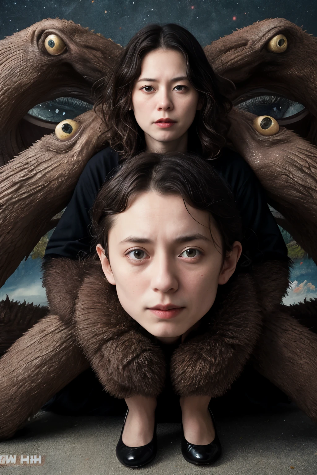 award-winning cute photos (John Wilhelm:1.5) 40 years old ( japanese woman:1.2) Looks like Elijah Wood(Fighting monsters designed by Otto Dix :1.4),  natural color lips, dynamic pose, Photographed with a fisheye lens, Ultra wide angle of view, view from below,