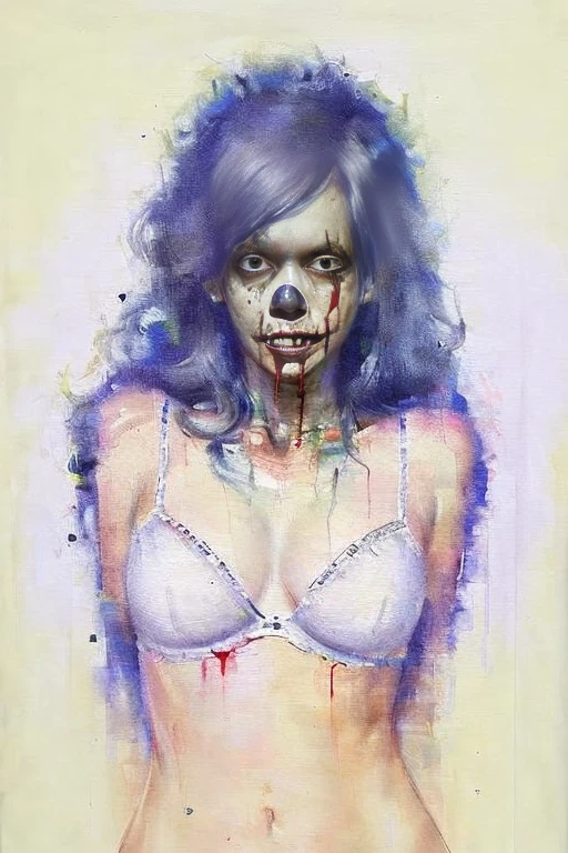 highest quality, High resolution,(Background made up of chains and ruins),Cute zombie girl、Splattering blood、amusement park、small eyes、(flat chest), Mr.々colored hair, realistic, masterpiece, super detailed, 8K, epic realistic, beautiful、Thick chains wrapped around his body、(A sewn-together body))、bold pose,Skin full of stitches,white lingerie