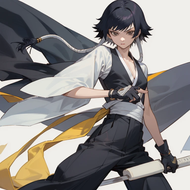 ((highest quality)), ((masterpiece)), (be familiar with), BLEACH,Soi Fon, 1 girl, alone, black hair, clothes,pants, Slender,slender,short hair with long locks, short hair, small breasts, gloves,