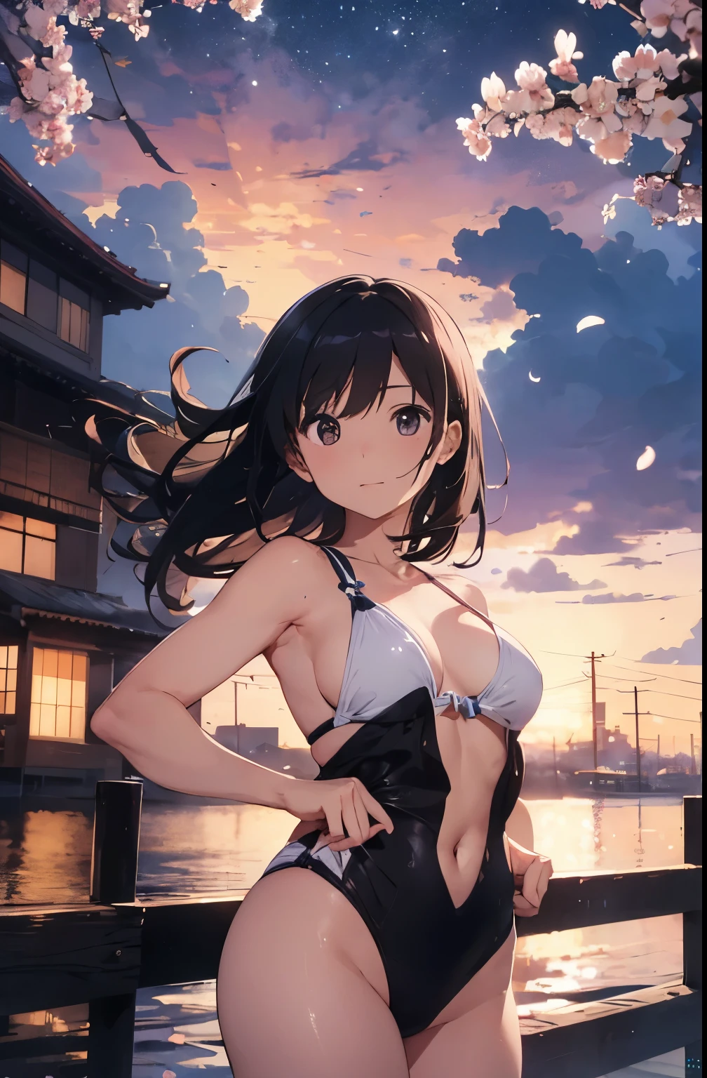 On the rooftop during golden hour、Background night city skyline, Beautiful Japanese woman in a sexy swimsuit, towards the camera. She wears a white swimsuit, Minimalist white swimsuit, Her long silver hair is gently swaying in the breeze. golden light surrounds her, Creating a silhouette effect, Capture the moment when the background changes from day to night. After her, Cherry blossom scenery in full bloom、Capture moments of serene beauty, Demonstrating the peaceful coexistence of city life and nature.
• Mode: manual mode、exposed、Fine-tune your shutter speed。
• Aperture (F-Score): f2.8〜Set to F4 range.、Make your subject stand out、Beautifully blurring the cherry blossoms in the background。
• Shutter speed: 1. Capture the Movement/Please select 250 seconds or more。A quiet pose or、If you want to capture the moment when the petals fall、Adjusting the Shutter Speed。
For shooting in bright outdoor conditions、Set to 100 or 200、Keep it as low as possible。
seaweed、seaweed、seaweed、seaweed、seaweed、seaweed、