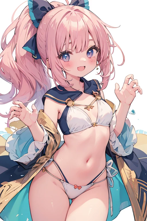 beautiful illustrations, highest quality, pretty girl,beautiful girl、clear face、 half girl、pastel colour 、blush、perfect hands、five fingers、fantasy、fantasy、thighs、(perfect face:1.1), (high detail:1.1)、smile、simple swimwear、white bikini、ponytail
