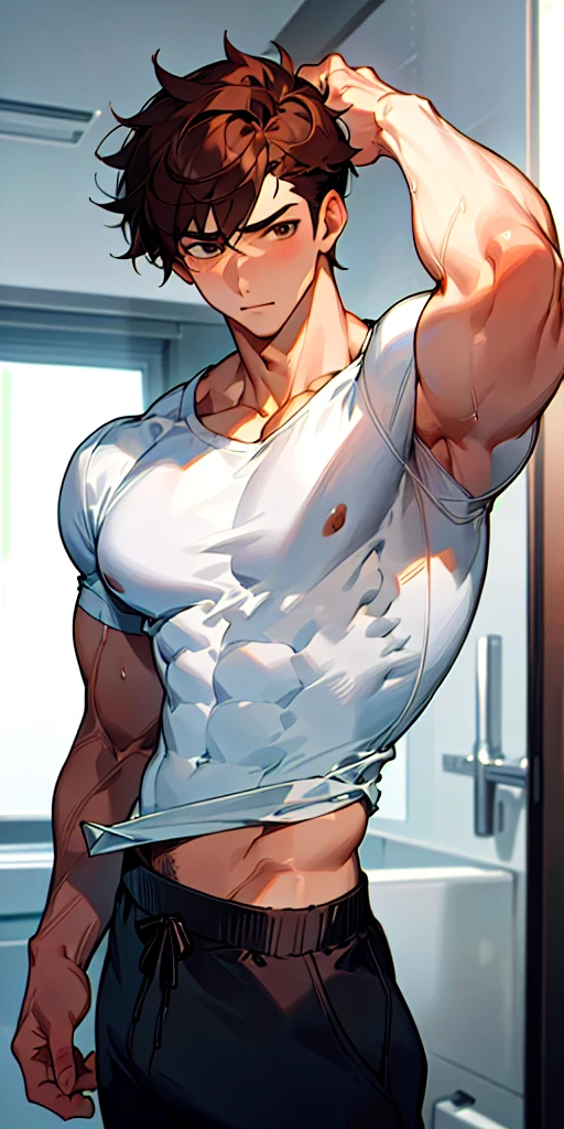 (masterpiece, best quality),1boy with brown hair muscular build body only wearing a white T-shirt and black pant