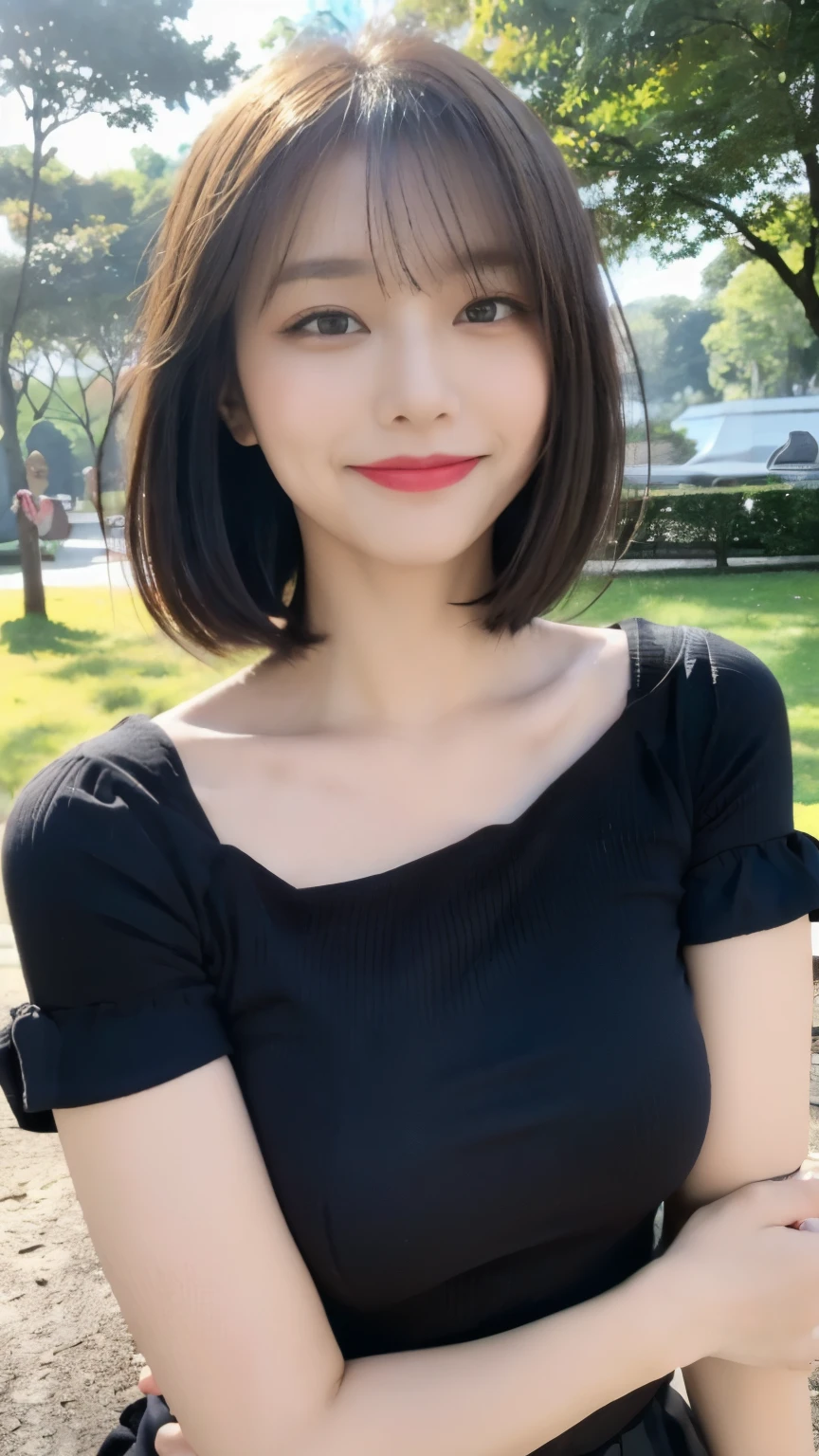 (((1girl)))((best qualtiy, 8K, tmasterpiece:1.3)),((Sharp:1.2, perfect figure beautiful woman:1.4, Slim abs:1.2)), ((Layered Hair Style, huge tit:1.3)),((Highly detailed facial and skin texture,A detailed eye,Black eye,double eyelid, droopy eyes)),(japan girl:1.5)(Brown Hair,Bob Cut)(Short-sleeved shirt:1.8),(in park:1.3)Impish Smile(random pose)