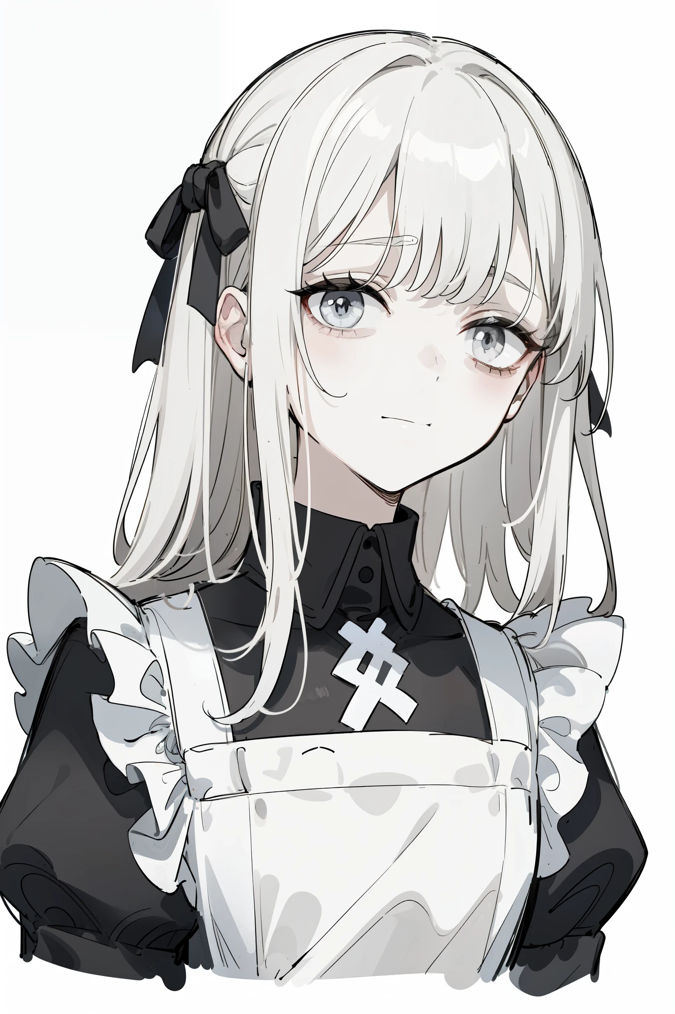 (masterpiece, best quality, super high quality, By Fountain, sketch:1.1), ((portrait)), 1 girl, alone, Young man with long white hair, straight hair, blunt bangs, (((Pale gray eyes, white pupils))), (tired, bags under eyes:1.2), small breasts, flat chest, neutral, Expressive skills, small smile, V-Shaped Smile, crooked smile, :>, White and black dress, maid, white apron, Upper body, permanent, Put your hands behind your back, Isometric lightning, White background, Simple background