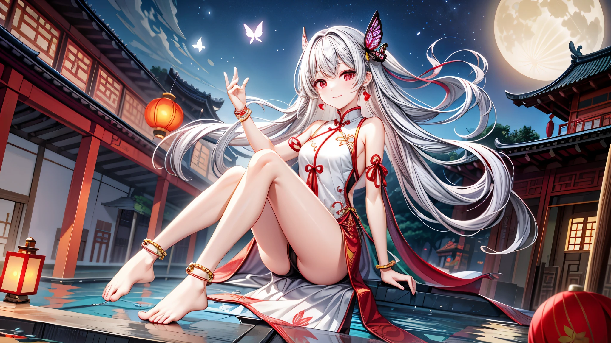 highest quality, 8k, (wide angle lens),1 girl, (Mayl Edelfelt),,long silver hair,red eyes,enchanting smile, barefoot, China dress, butterfly, butterfly hair accessory, backless dress, Chinese service, 2倍good,Golden dragon pattern,barefoot,full moon,elbow bag,good, hair accessory,jewelry,earrings,Beaded anklet,thin legs,nail polish, Medium chest, alone, それからnail polish, outdoor,Chinese style architecture, Chinese style, lake, ancient town, Beautiful and detailed water,red lantern,