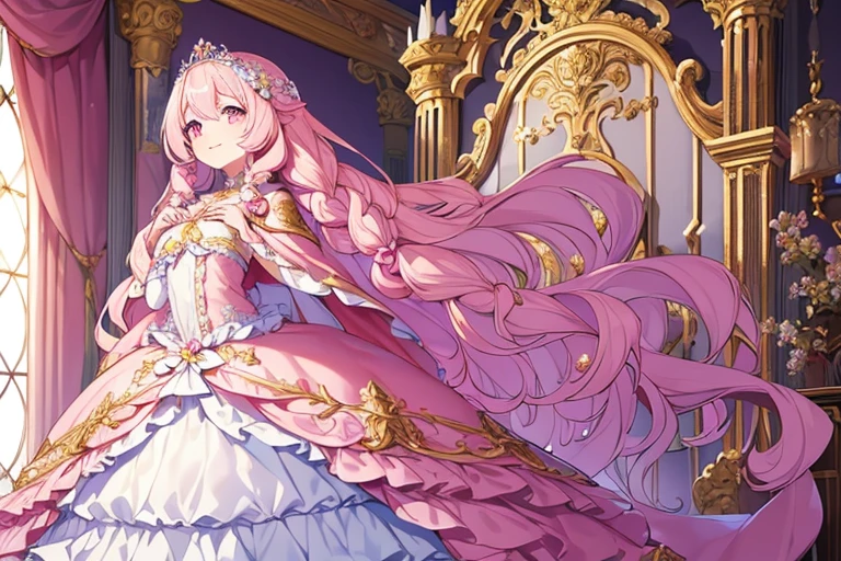 (kawaii),(best quality),(ultra detailed),(rococo style),(long train pastel pink cape:1.15), very long cape,(long train white ball gown with flower decorations:1.1), a girl is wearing a cape over her gown, 1 little princess, tiara, smile, very long hair, small breasts, beautiful detailed eyes, beautiful detailed lips