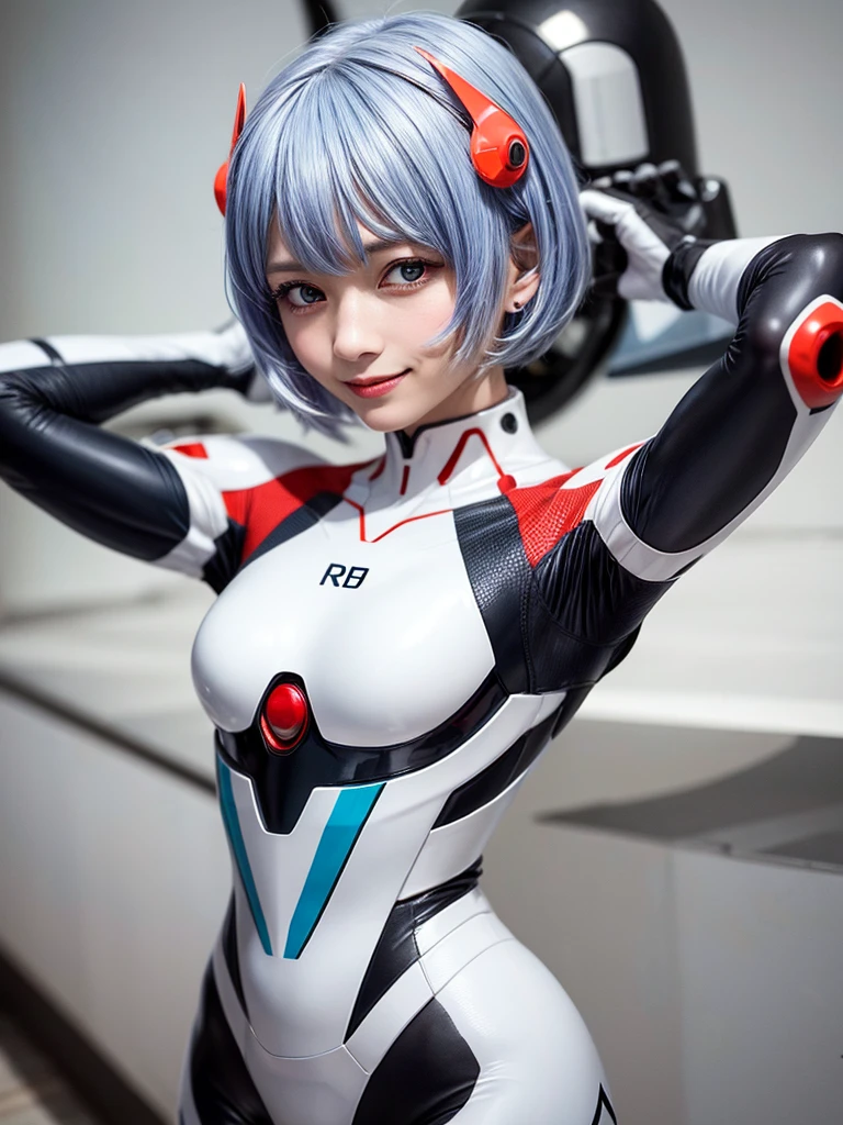 Masterpiece, highest quality, 8K, detailed skin texture, fine cloth texture, beautiful detailed face, intricate details, super detailed, portrait of Rei Ayanami, blue hair, red eyes, looking far away, no background, Evangelion Wearing a plug suit when riding, plug suit, whole body visible, standing, arms crossed, 15 years old, beautiful, cute, great style, smiling