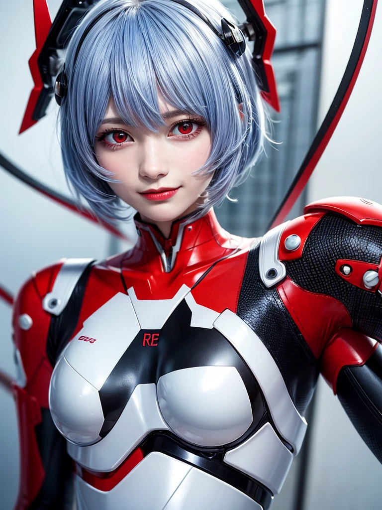 Masterpiece, highest quality, 8K, detailed skin texture, fine cloth texture, beautiful detailed face, intricate details, super detailed, portrait of Rei Ayanami, blue hair, red eyes, looking far away, no background, Evangelion Wearing a plug suit when riding, plug suit, whole body visible, standing, arms crossed, , beautiful, cute, great style, smiling