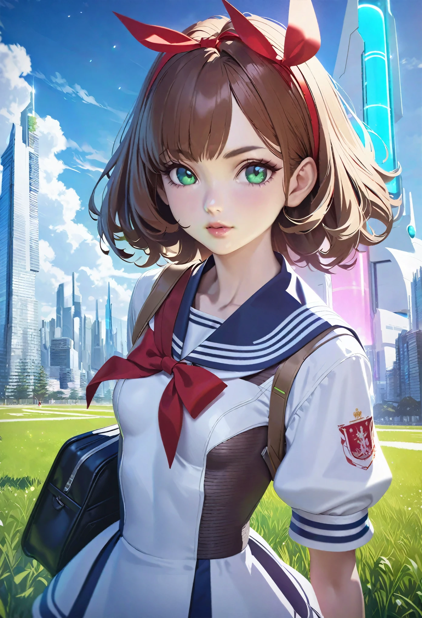 (best quality,4k,highres),ultra-detailed,realistic,portraits, Japaneese school girl, green eyes, long brown hair,anime style,futuristic, Frutiger Aero aesthetic, eco- modernism, bokeh, ribbon headband,small breast,futuristic sailor lolita dress,puffy sleeves,white and blue,colorful lighting, red ribbon, navy blue pantyhose, school shoes, school bag, school crest, standing in a green field with futuristic skyscrapers in the background, sunny with blue sky and clouds, tertiary colors, highly detailed, 4K.