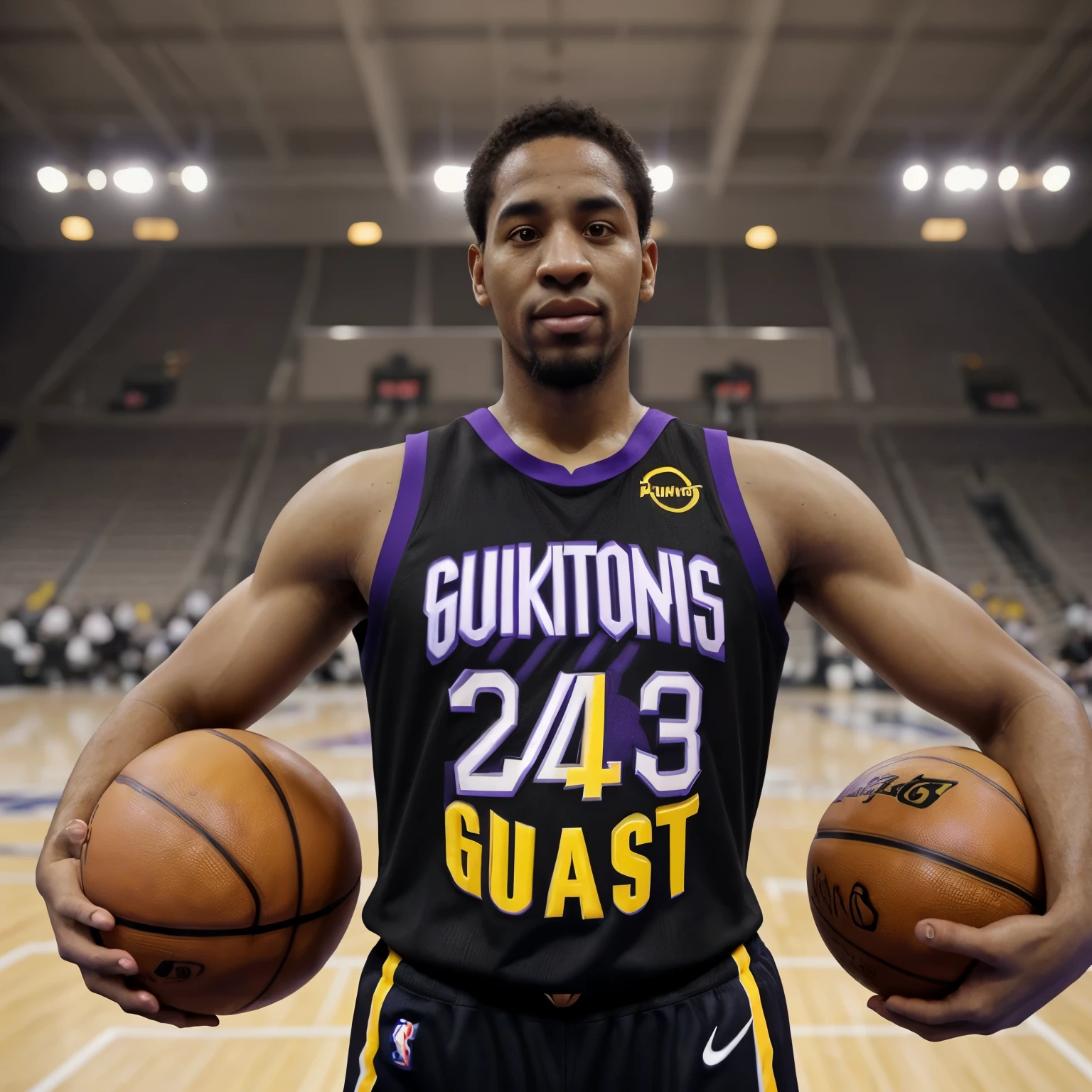Create an NBA pattern basketball tank top with purple yellow black and white colors and add a goat