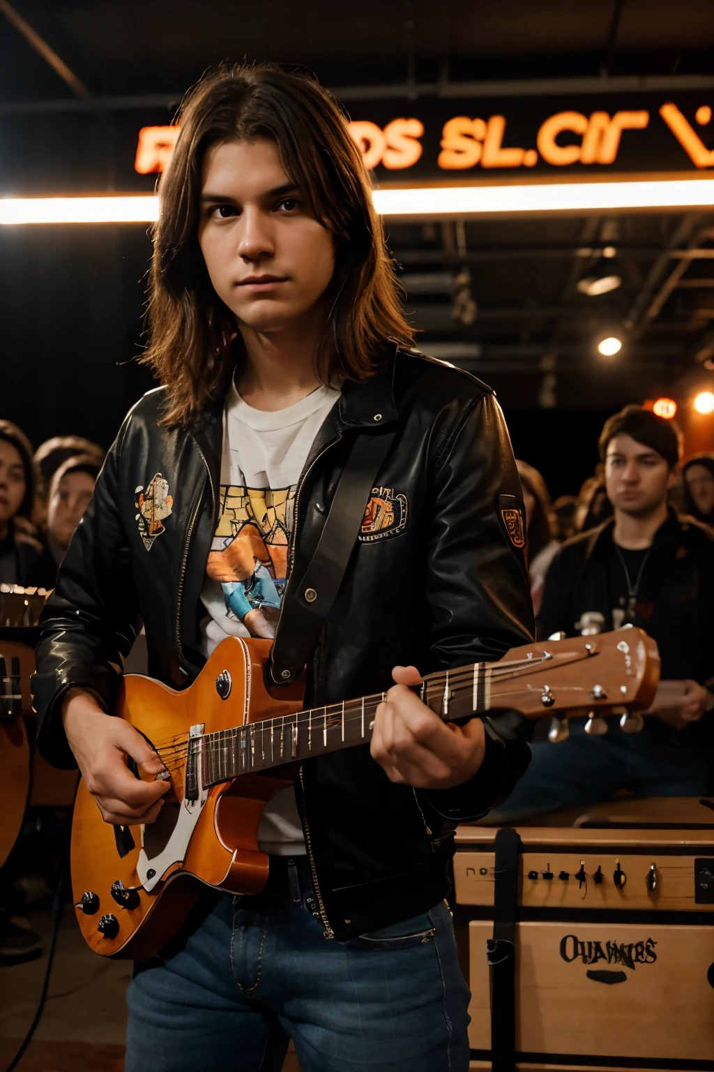 portrait, guitar hero playing guitar and looking to the camera, crowd at the bottom of the image, photo flashs, orange light