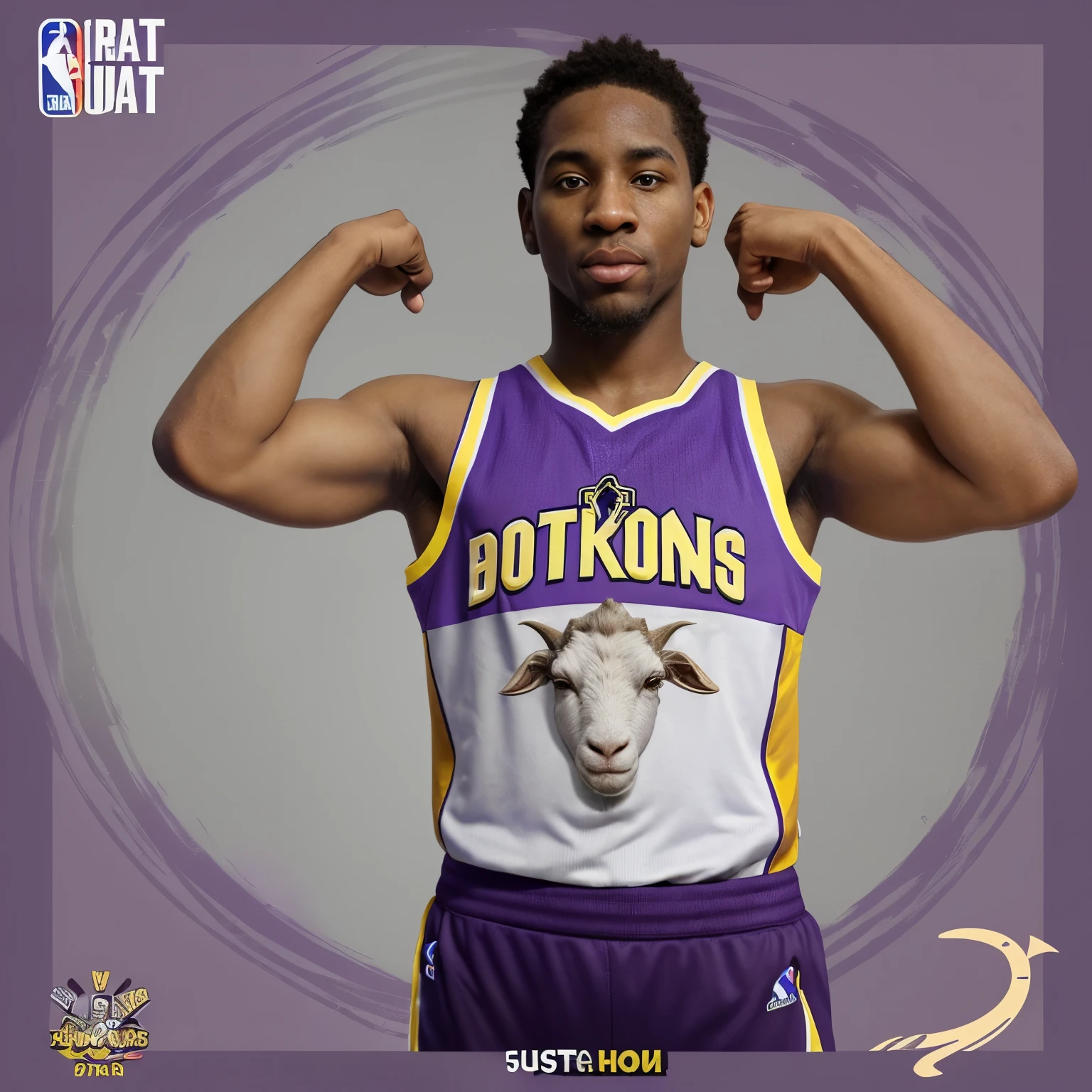 Create an NBA pattern basketball tank top with purple yellow black and white colors and add a goat
